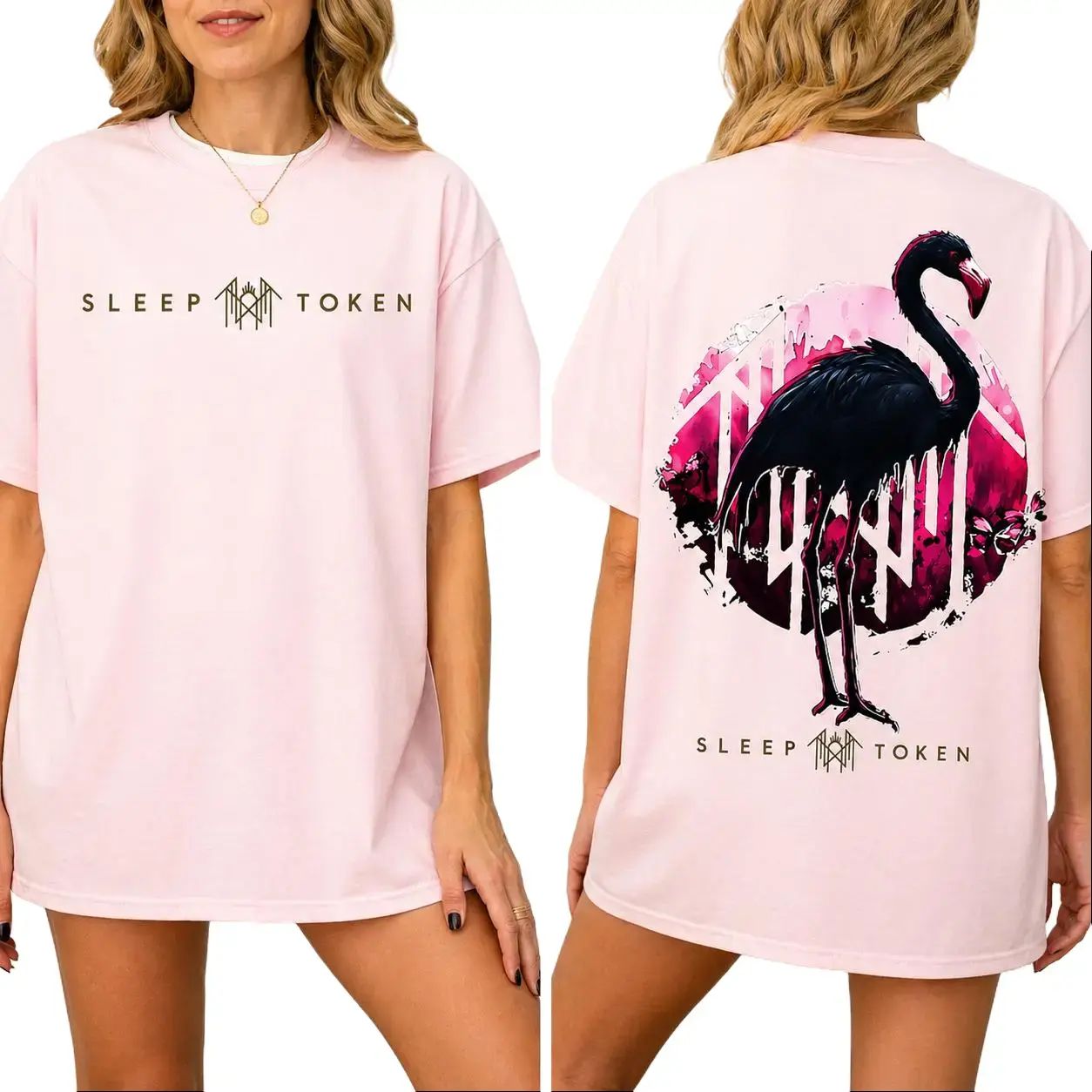 Pink Sleep Token T-shirt – Dark Flamingo Aesthetic , Alt Streetwear , Dripping Logo Back Print , Unisex Fit Top Cotton
