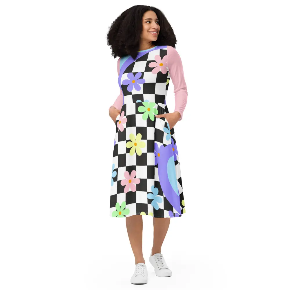 Pastel Daisy Checkerboard Midi Dress, Retro Floral Print Long Sleeve Dress, Colorful Contrast Skater Dress, A-Line Dress with Pockets, Trendy Fall Dress, Casual Everyday Outfit, Gift for Her