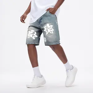 GINGTTO Men's Denim Shorts Wide Leg Stretch Printing Jean Shorts Casual Hip Hop Streetwear