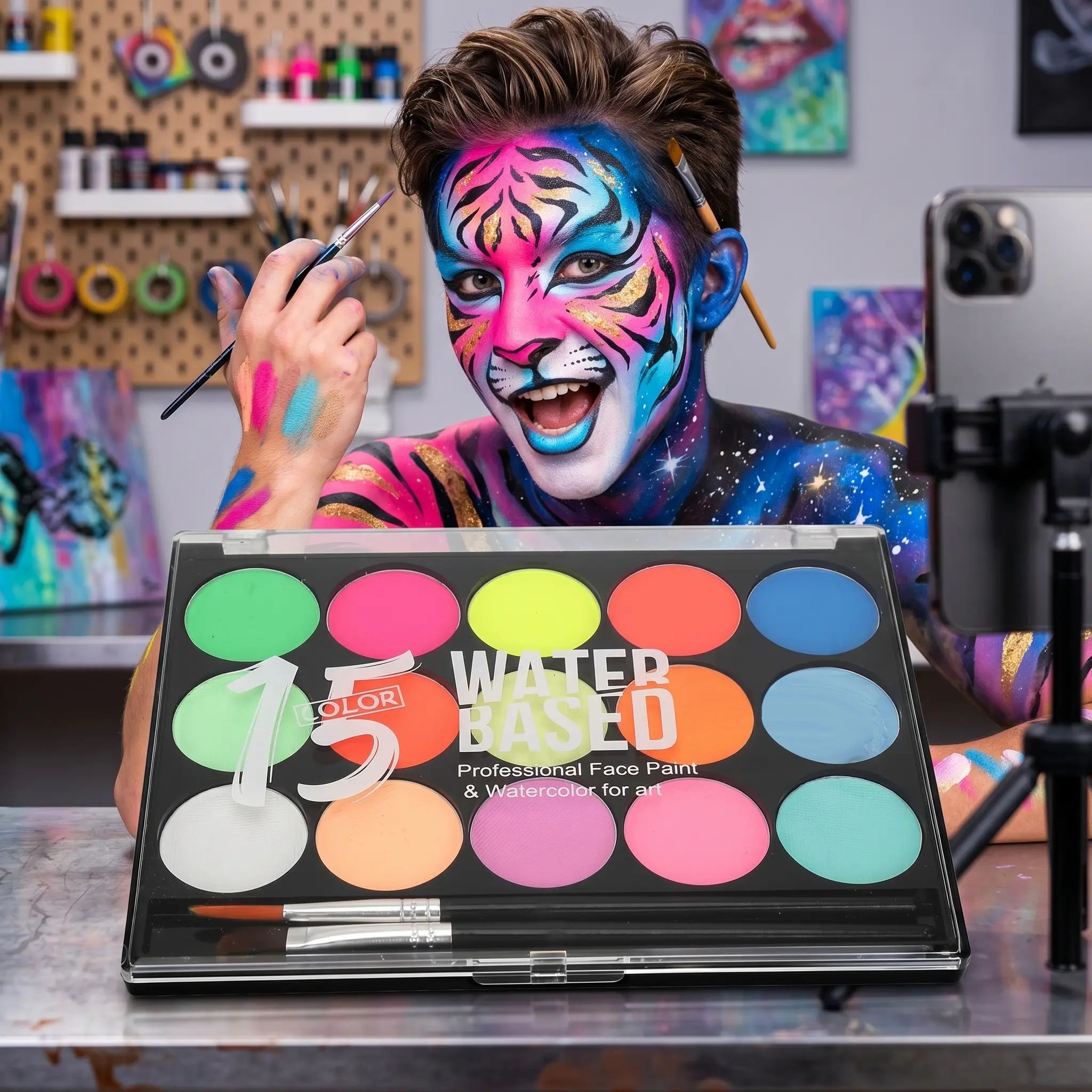 Glow UV Blacklight Face Paint,Neon Fluorescent Body Painting Palette,Water Activated Makeup Eyeliner,Water Based Glow In The Dark Party Halloween Washable for Adult Body Paint Set (15 color)