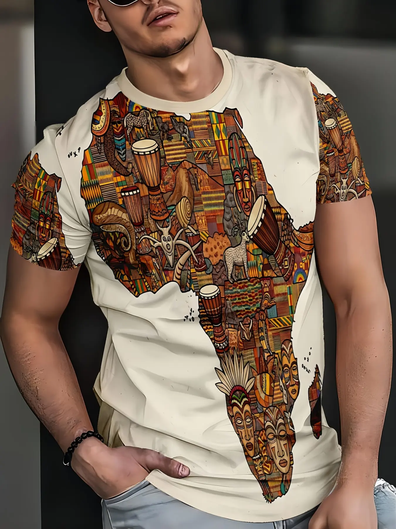 African Map Pattern Short Sleeve T-Shirt, Men's Print Casual Top, Cotton Round Neck Summer Clothing Long, Fitted H-Type Silhouette, Menswear, Classic