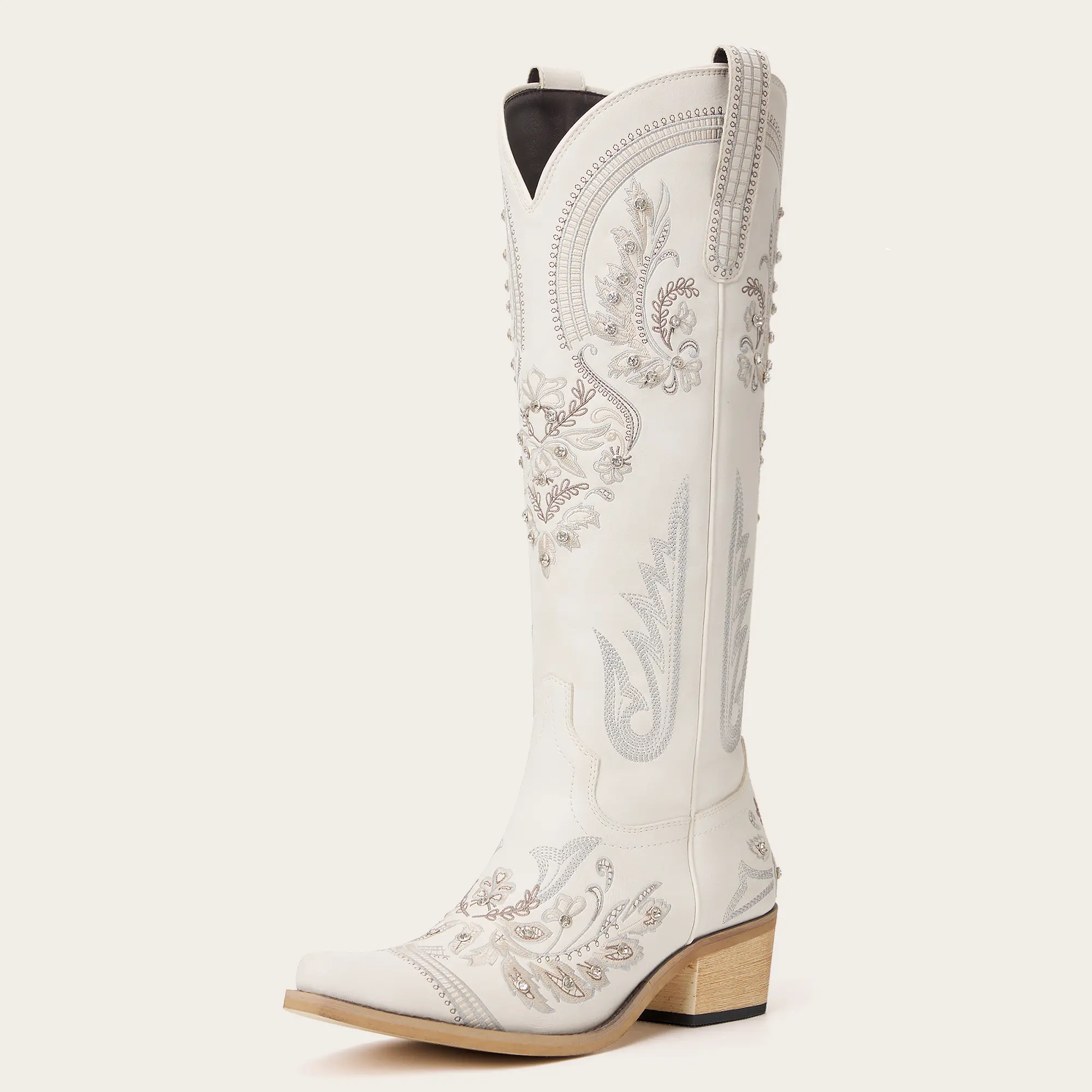 Cowgirl Boots Creamy White with Sparkling Rhinestone Embellishments Snip Toe Chunky Heel Fashion Retro Classic Tall Boot for Weddings