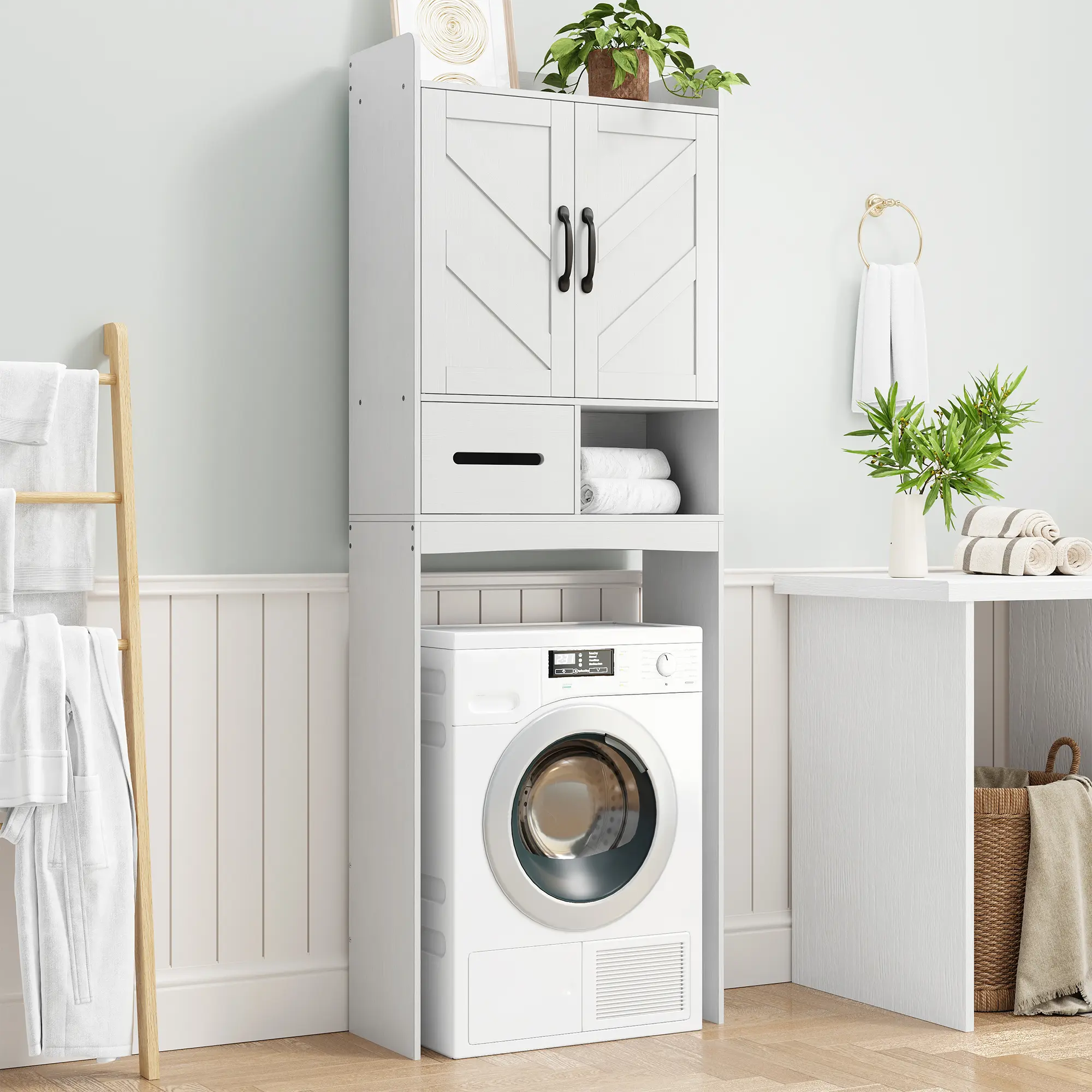 Over the Toilet Storage Cabinet – Adjustable Shelf, Open Storage, Bathroom Organizer – Sleek White Wooden Cabinet for Toilet, Laundry, Home – Small Relief Design, White/Black