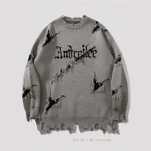 2025Mew Men's Letter Pattern Ripped Sweater,  Loose Long Sleeve Round Neck Jumper  Fall & Winter, Fashion Men's Knitwear  Daily Wear fleece-lined men spring autumn  wear jackets for winter fleece jacket QR Code F You Hoodie theNEW casual Slim Denim