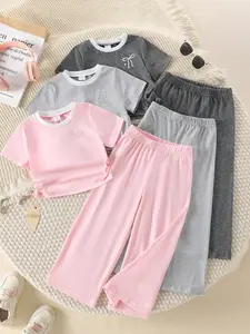 Girls' 6-Piece Set, Casual Butterfly Heart Pattern, Soft Knit Fabric, Short Sleeve Top and Pants, Outdoor Wear, Spring Summer, Summer Clothing Set