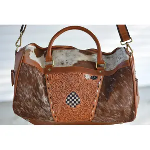 Tooled checker cowhide duffle bag