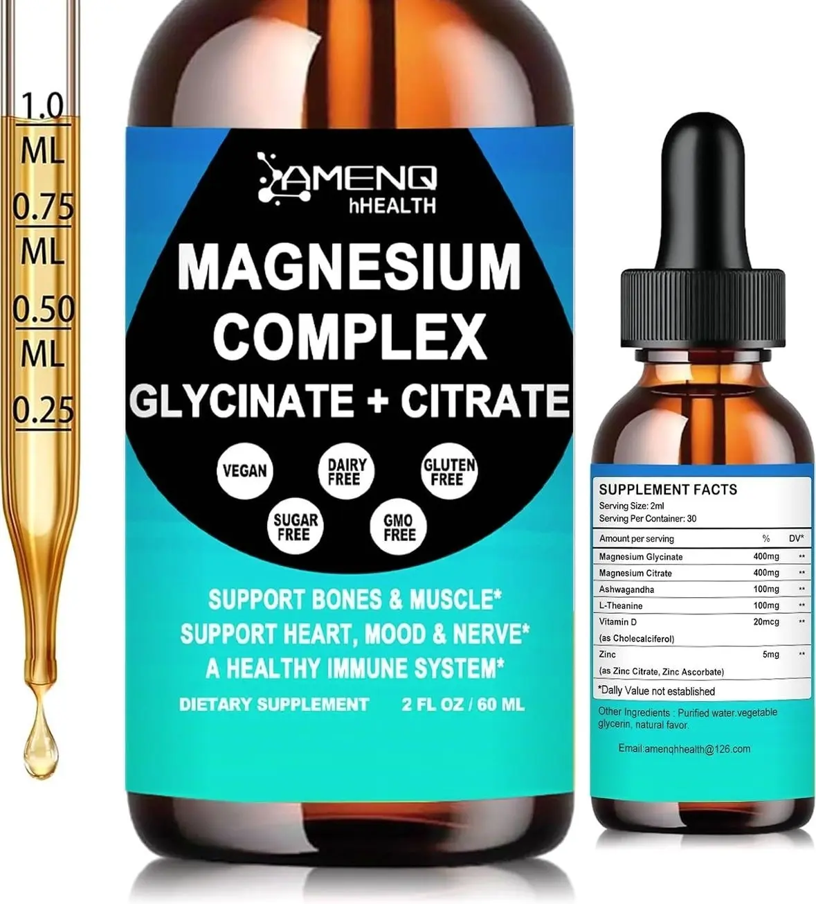 Magnesium Complex Supplement, Triple Calm Magnesium Glycinate & Citrate 400mg Drops, Fast Absorption Liquid Magnesium Plus Ashwagandha & L-Theanine for Relaxation Sleep Muscle & Nerve Health