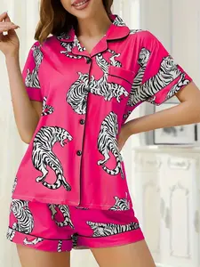 Women's Tiger Print Pocket Shorts Pajama Set, Casual Short Sleeve Top and Elastic Waist Shorts, Ladies Sleepwear Home Wear