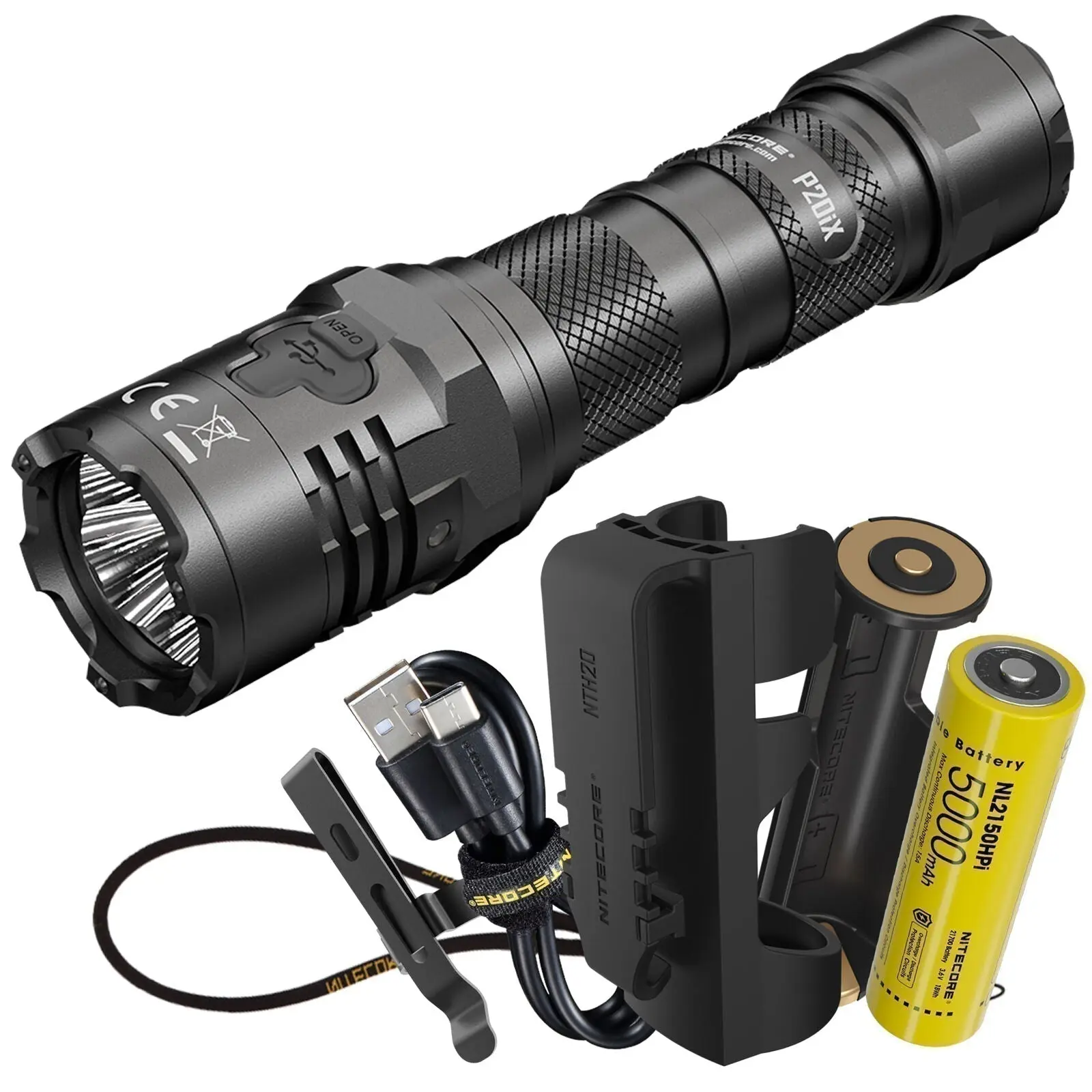 Nitecore P20iX High Lumen LED Tactical Emergency Flashlight Torches, 4000 Lumens, USB-C Fastcharging Rechargeable, 350 Hours Runtime, L-5.57"xW-1.25"xH-1.25", With Holster & Lanyard, Adult Duty Belt Gear