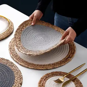 Warm-toned natural grass woven placemats, cotton rope heat-insulating placemats, decorative forest-themed coasters and plate mats