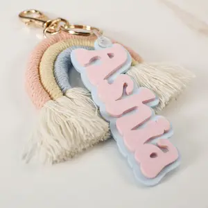 Blue and Pink Rainbow Backpack Tag with an Acrylic Name Charm, Macrame Rainbow Keychain with Tag, Back to School Supplies for Kids