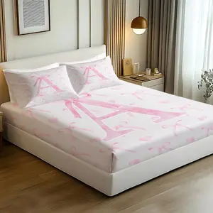 3 Piece Pink Watercolor Bow & Heart Printed Fitted Sheet Set 3 Pcs, Soft Microfiber Coquette Bedding, Cute Letter Decor Bed Cover with 2 Pillowcases, Aesthetic Bedroom Decor for Girls Women