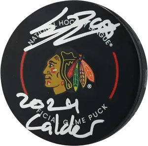 Connor Bedard Chicago Blackhawks Autographed Official Game Puck with "2024 Calder" Inscription - Fanatics Authentic Certified