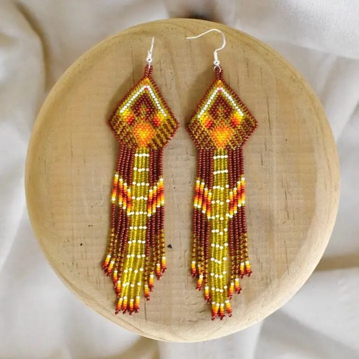 Golden Mane - Native Beaded Earrings in Boho Style - Handmade by Huichol Artisans- Mother Sierra