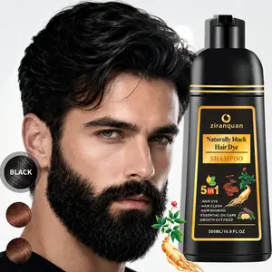 Mens Natural Black Hair & Beard Dye Shampoo, Ginseng & Ginger Infused 5-in-1 Formula, Ammonia-Free, 10-Min Gray Coverage for Hair, Beard & Mustache, Semi-Permanent Color Depositing Shampoo, No Mix No Mess, At-Home Salon Use, 500ml, Rich Soft Natural Tone