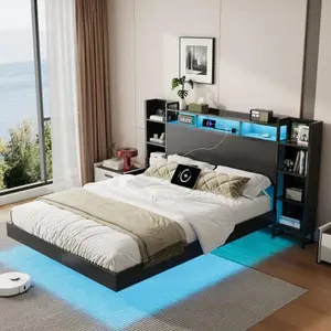 Twin/Full Size Floating Bed Frame with USB Charging Station, Storage Headboard and with Led Light, Heavy Duty Metal Platform Bed Frame, No Box Spring Needed, Black