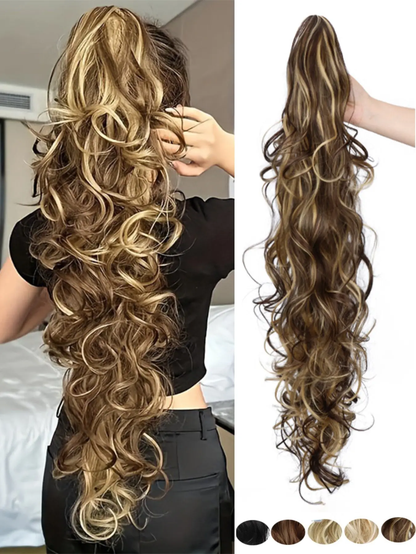Women's 30 Inch Large Wave Ponytail Hair Extension, Wavy Synthetic Hairpiece, Artificial Hair Claw Clip, Long Curly Puffy Hairstyle, Female Hair Clips, Ponytail Extensions, Clip On Hairpieces