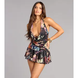 Flirty Mood Butterfly Print Mesh Halter Romper