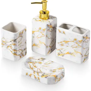 4 Piece Bathroom Accessories Set - White Bathroom Accessory Sets Includes Lotion Dispenser, Toothbrush Holder Tumbler, and Soap Dish - Glossy Finish (Marble, White)