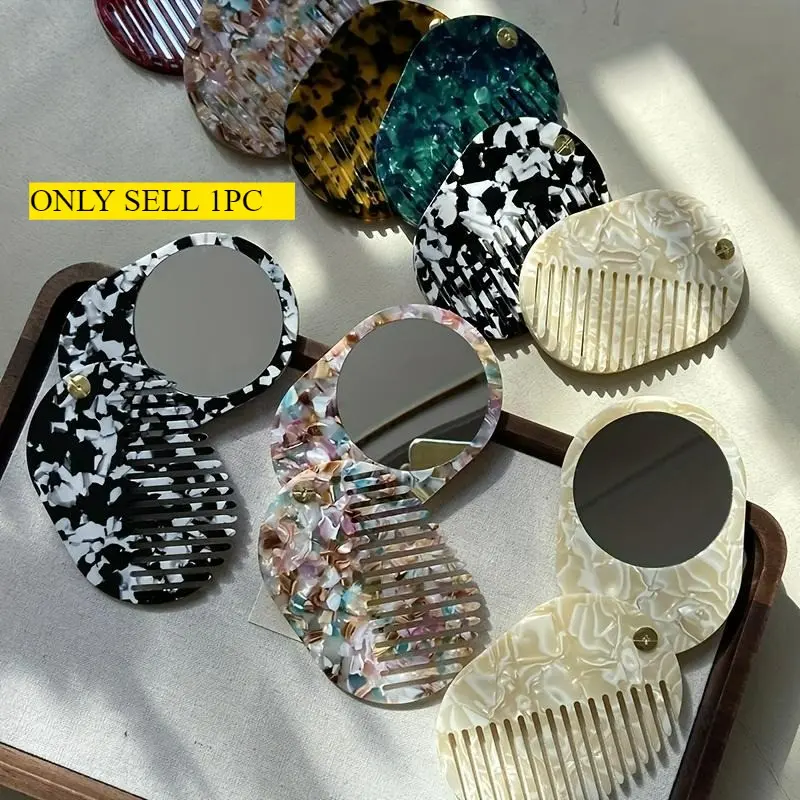 Portable Acetate Comb with Mirror, Foldable Travel Makeup Mirror, Exfoliating Comb, Stylish Pastel, Elegant Design, Comb Type