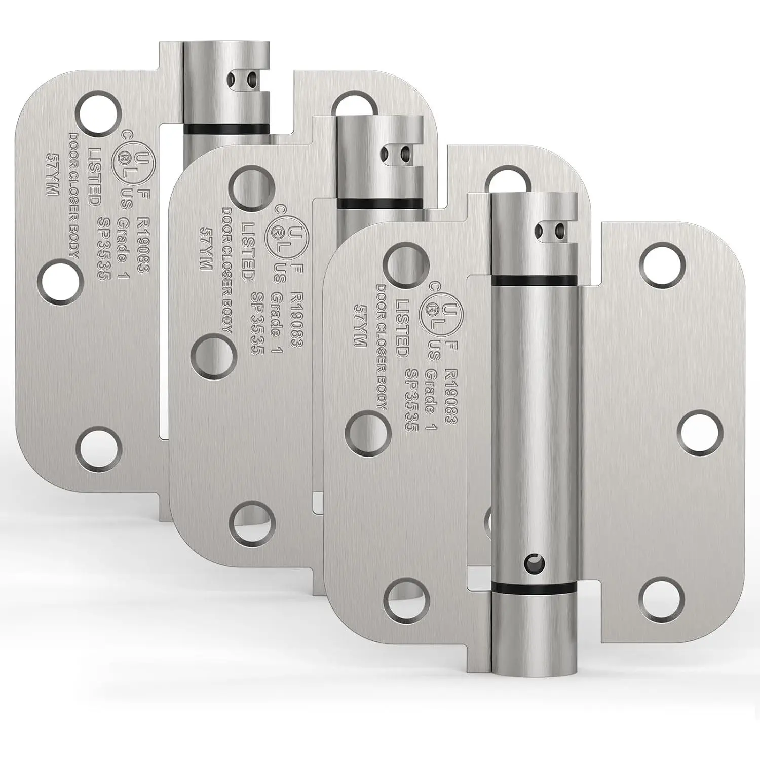 3 Pack Self Closing Door Hinges, 3.5 Inch Spring  Door Hinges, Adjustable Tension with 5/8'' Radius Corners, for Front,  Doors, Left and Right Hand, UL Listed, Satin Nickel