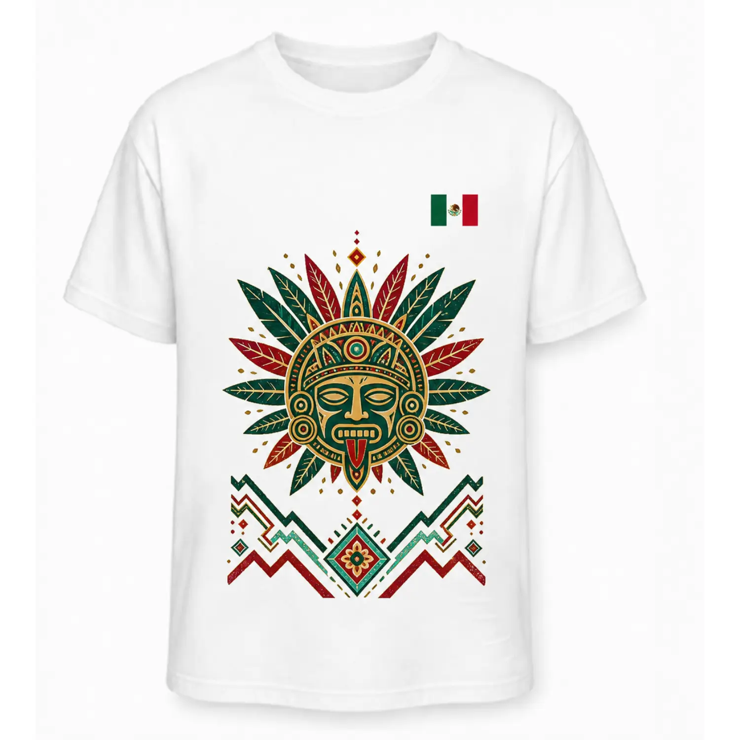Retro Aztec Sun God Graphic T-Shirt with Mexican Flag, Cultural Tribal Streetwear Tee, Unisex White
