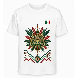 Unisex Vintage Aztec Sun God Graphic T-Shirt with Mexico Flag, Cultural Tribal Streetwear Tee in White
