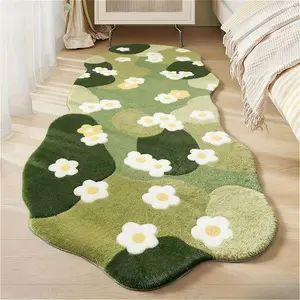Small fresh flowers bedside strip carpet fluffy soft living room carpet green moss bedroom decoration carpet irregular shape cloakroom non-slip floor mat home washable lounge carpet entrance door mat