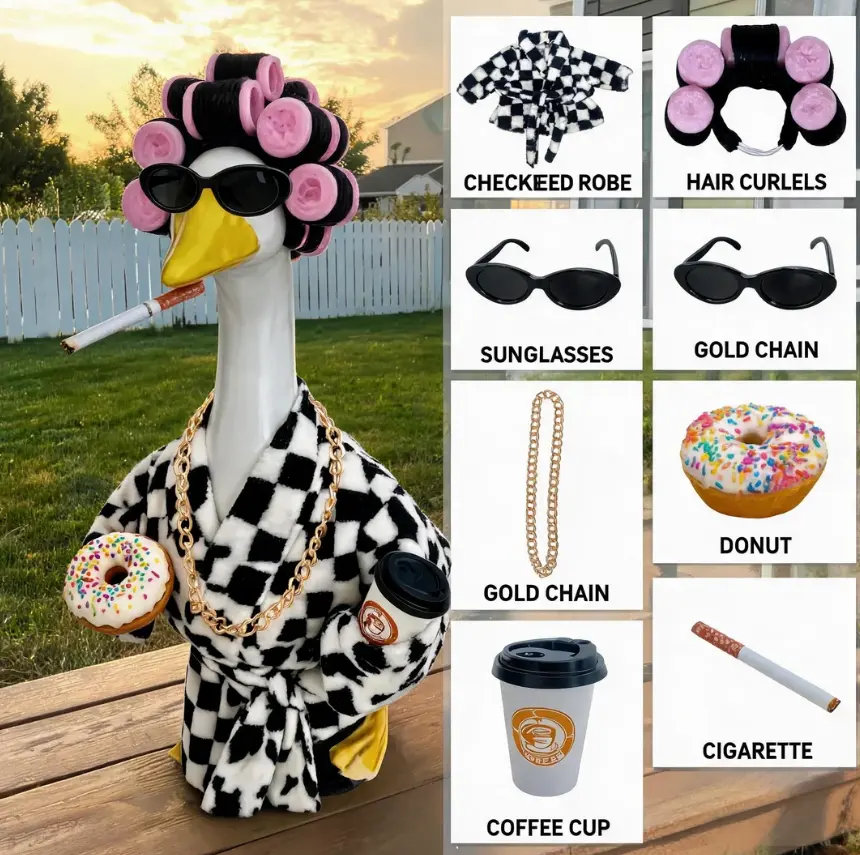 20" Plaid Checkered Cute Goose Costume Outfit with Wig, Sunglasses, Coffee Cup, Donut Accessory, Funny Porch Decor for Home Festive Party Supplies