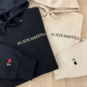 Embroidered Roman Numerals Hoodie, Date Couple Sweatshirt, Initials on Sleeve