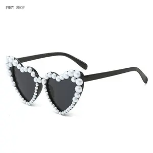 FHSY SHOP Pearl Trim Heart Sunglasses UV400 Protection Party Eyewear for Bridal Showers, Bachelorette Parties, and Wedding Photo Booth Props
