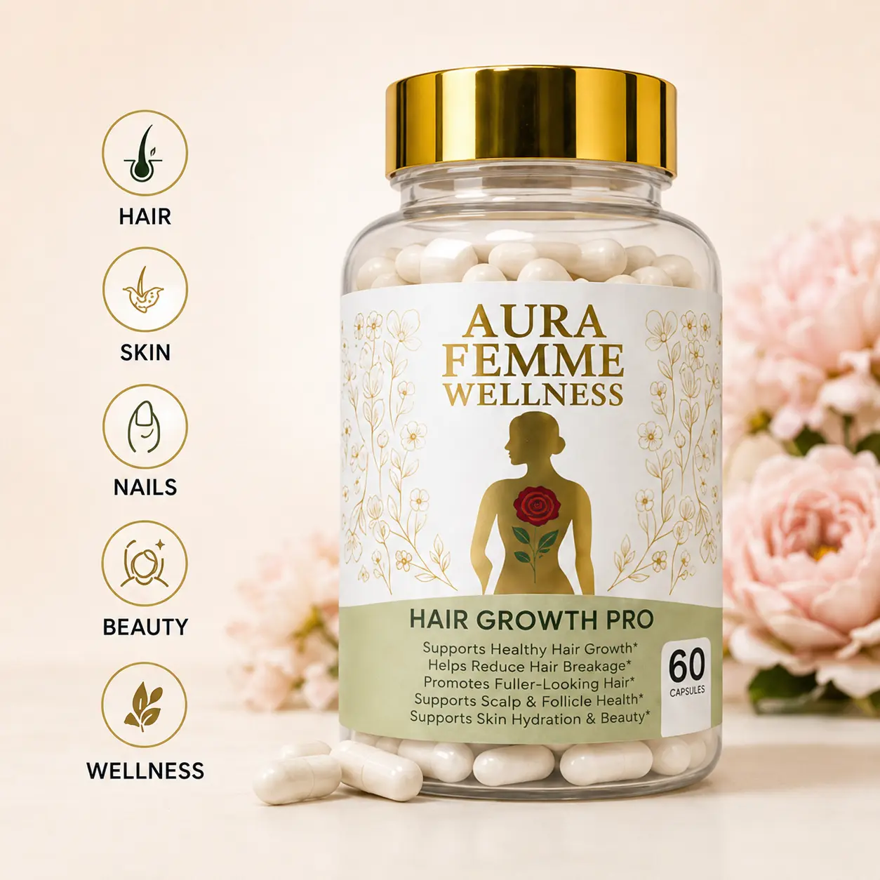 Aura Femme Hair Growth Pro | Hair, Skin & Nails Formula with Collagen, Biotin & Hyaluronic Acid | 60 Capsules