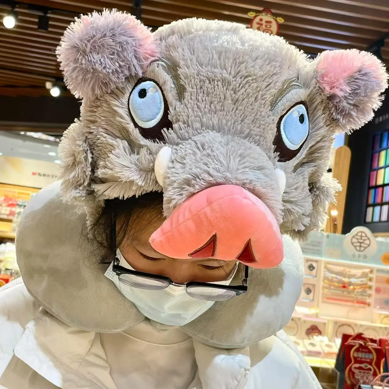 Cute Cartoon Plush U-shaped Pillow Hashibira Inosuke Pig Head Hat Kawaii Cosplay Props Plush Hat Travel Neck Pillow