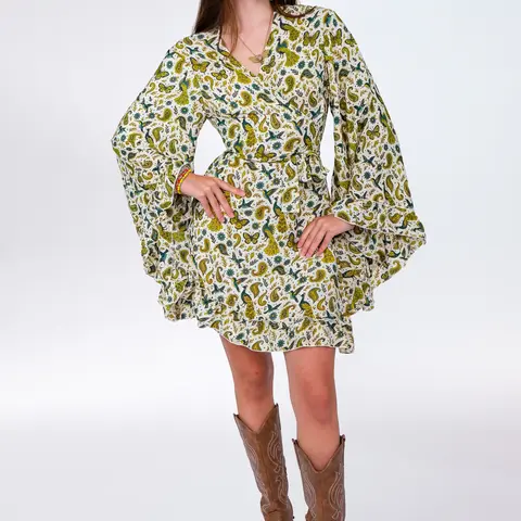 Women's Flowy Casual Boho Butterfly-Paisley Print Adjustable Wrap Mini Dress with Ruffled Sleeves - Fit for Festival Wear, Designed in Queens, NY by Karma Nepal Crafts