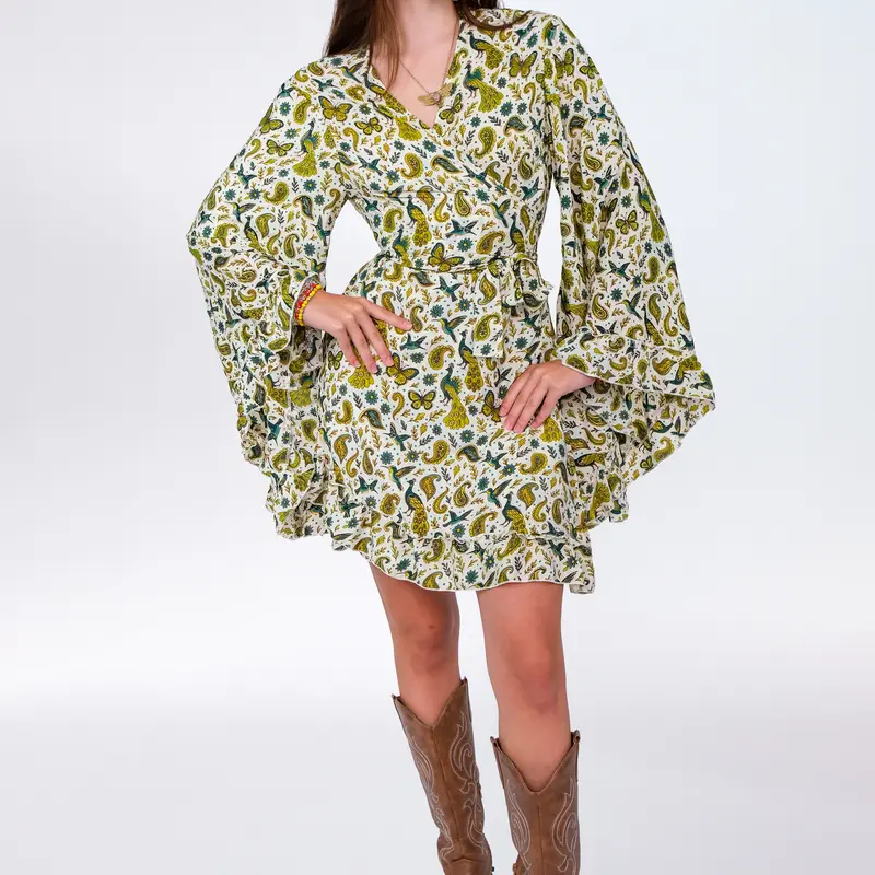 Women's Flowy Casual Boho Butterfly-Paisley Print Adjustable Wrap Mini Dress with Ruffled Sleeves - Fit for Festival Wear, Designed in Queens, NY by Karma Nepal Crafts