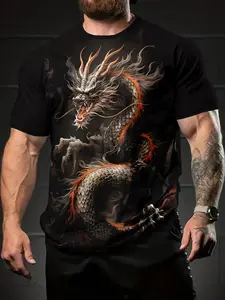 Red Flame Silver Dragon Dark Digital Print Men'S Short Sleeve T-Shirt for Summer Casual Wear, Versatile Round Neck Breathable Top with Trendy Artistic Design, Perfect for Festivals, Loose And Comfortable for Everyday Outfits