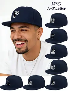 A-Z Letter Embroidered Flat Bill Baseball Cap for Men Women, Adjustable Snapback Hat, Custom Initial Hip Hop Streetwear Headwear Unisex