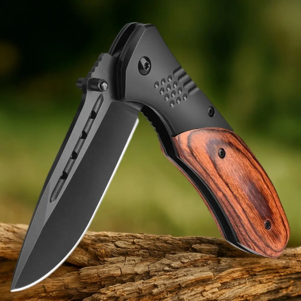 Folding Pocket Knife For Men, Wood Handle With Clip, Glass Breaker-3.46in Sharp Blade,EDC Tool,Outdoor Camping Hiking Hunting Fishing Survival Gear, Unique Gift For Dad,Friends And Outdoor Enthusiasts,Perfect Christmas Stocking Gift,Father's Day Gift