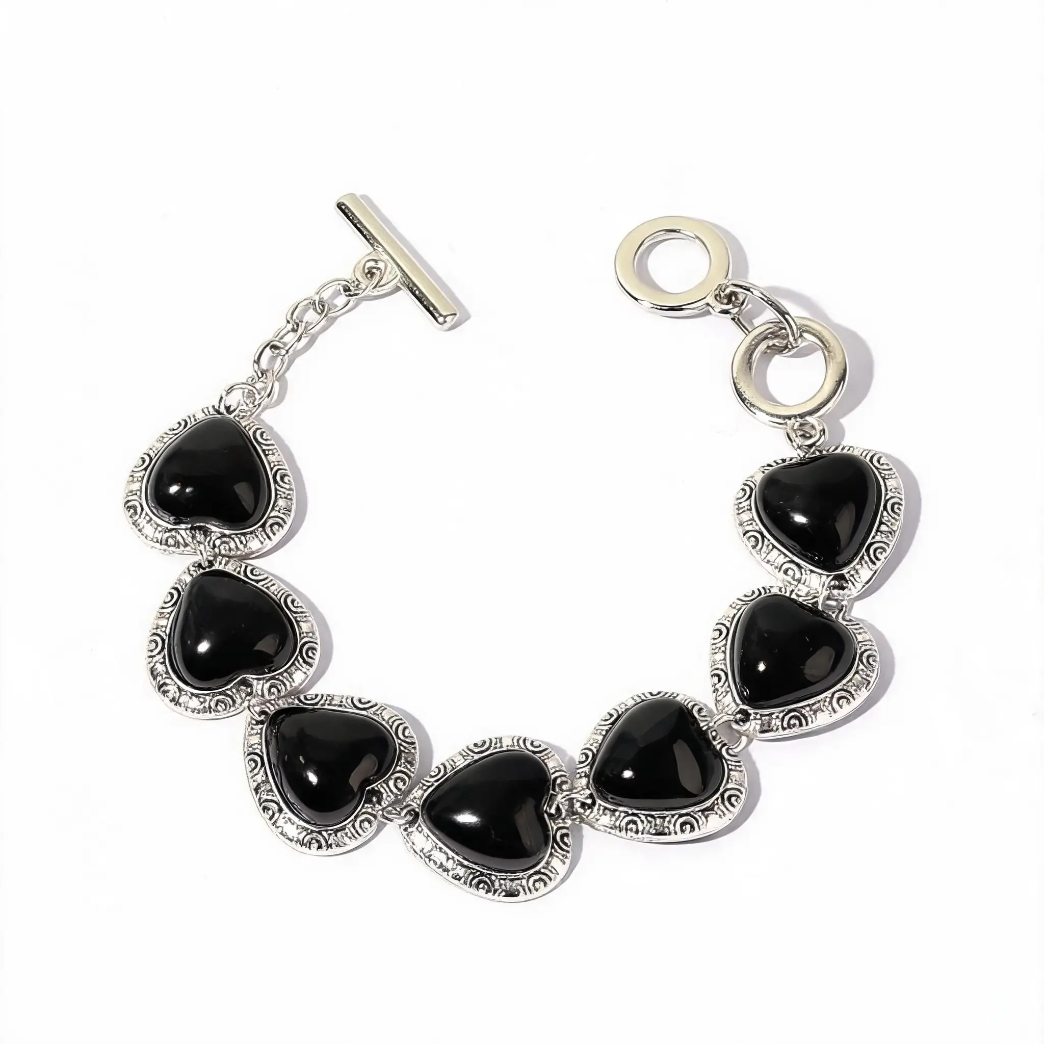 SL32-Vintage Glossy Black Heart Link Bracelet, Polished Stone Chain with Ornate Spiral Metal Bezel, Edgy Goth Biker Stackable Jewelry Gift for Women