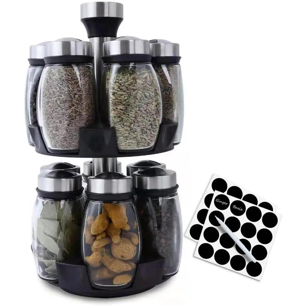360-Degree Rotatable Modern Spice Rack Set with 12 Empty Glass Jars & Plastic Canisters, Countertop Kitchen Organizer for Easy Herb & Seasoning Access, Kitchen Accessories & Spice Containers