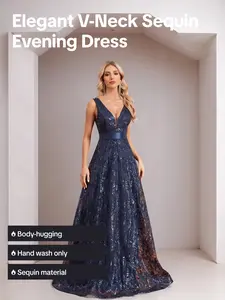 Women's sequin embroidery waist slim-fit V-neck sleeveless mop elegant formal dinner party ball dress Sleeveless Deep V Neck Evening Dress   Party Annual Meeting Dress Wedding Bridesmaid Dress