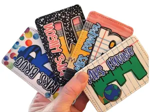 Teacher ID Badge Holder Durable PU Leather Vertical Card Case Compact Personalized for School College Supplies with Pencil & Notebook Motif