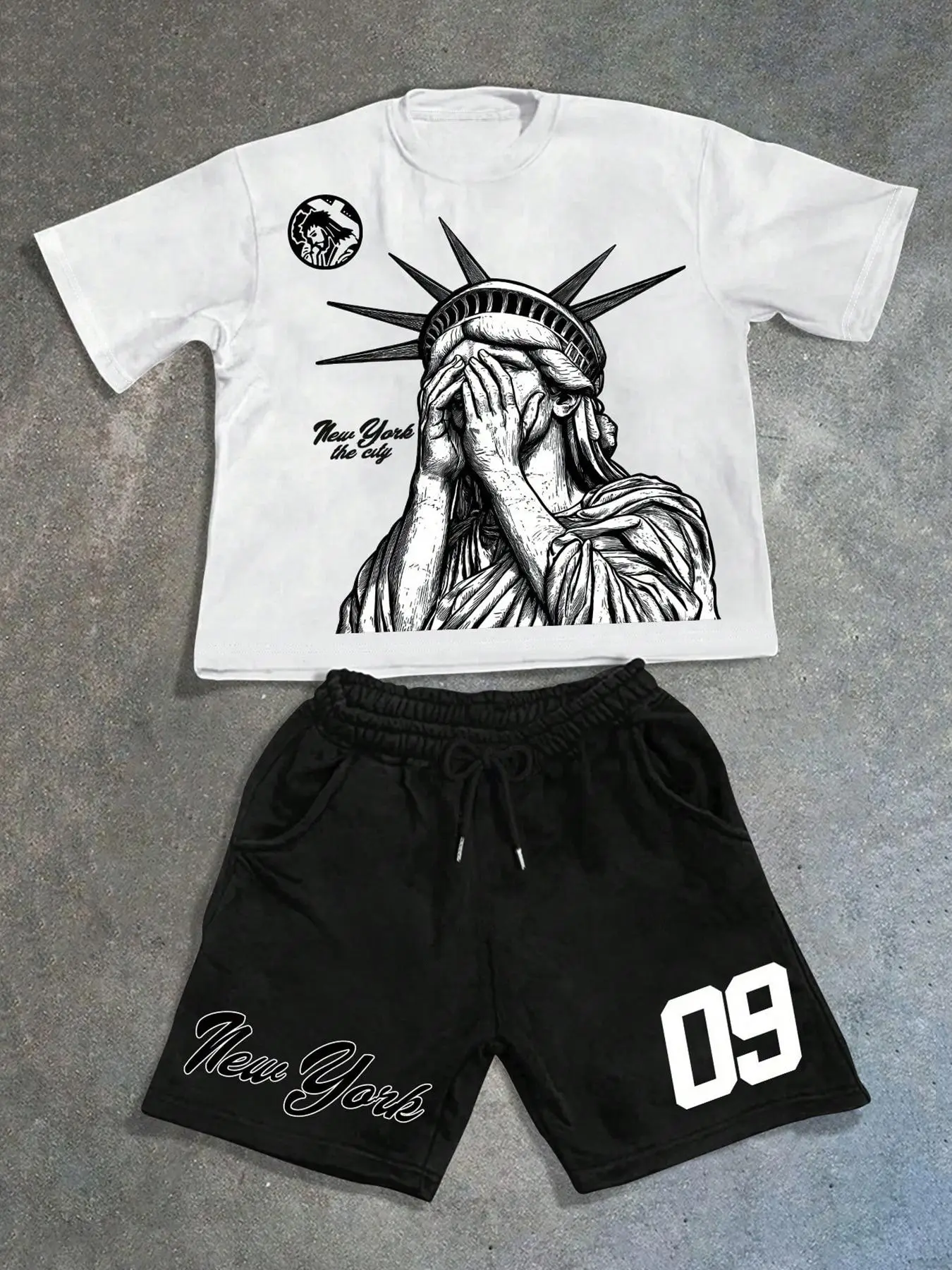 Men's Graphic Print Short Sleeve Tee & Shorts Two-piece Set, Casual Tees Set, Regular Fit Casual Round Neck T-shirt & Track Shorts, Men's Summer Clothes, Casual Style Set, Shorts Set Outfit