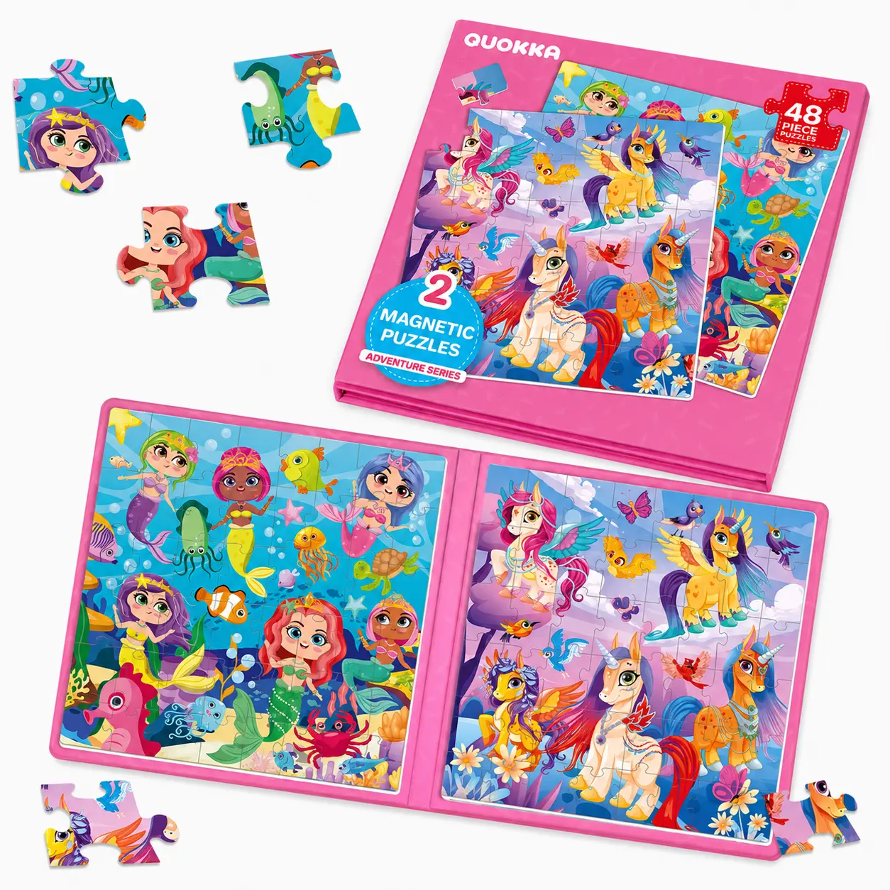 QUOKKA Magnetic Puzzles Book - 2 Sets of 48-Piece Animal Jigsaw Puzzles for Kids Ages 4-6, Colorful Unicorn/Mermaid Travel Toy for Road Trips, Magnetic Hold to Enhance Fine Motor, Attention to Detail & Visual Skills, Pieces Jigsaw Puzzles