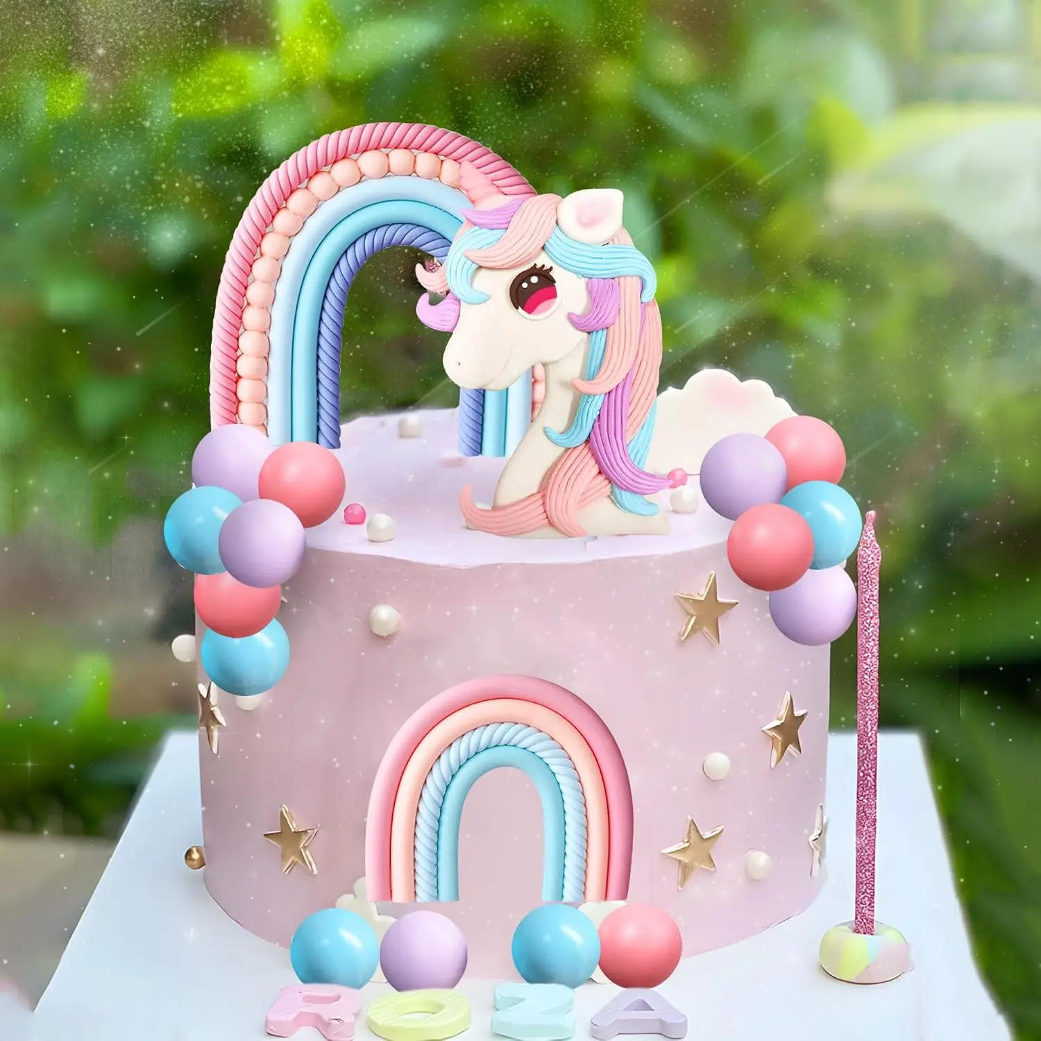 Unicorn Cake Decoration Rainbow Topper for Girls Birthday Party Favors 2 Colorful Toppers 1 White Unicorn Figurine 5 Purple Balls 5 Pink Balls 5 Blue Balls Dreamy Magical Vibe Cake Decorating Supplies Caketoppers