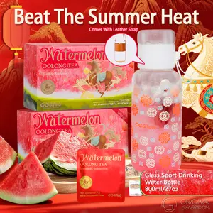 Bogo Lunar New Year 3.0 Watermelon Oolong Tea 2 Cartons (1 Carton 70g 7g×10packs)×2 With Color Changing Glass Water Bottle 800ml/27oz With Oolong Tea Red Pitaya Watermelon Peach Pumpkin Strawberry Apple