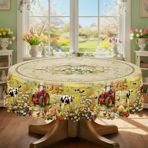 1pc Farmhouse Tablecloth Vintage Cow Truck Daisy Floral Print with Rolled Edge - Round/Oval/Rectangular Rustic Table Cover Suitable for Indoor/Outdoor Dining, Picnic, Spring Summer Party Decor - Durable Machine-Made Easy-Clean