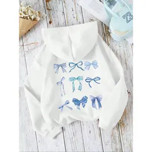 Women's Hooded Sweatshirt Fashion Trend Blue Bowknot Print Casual Vintage Youth Holiday Simple Campus Commute Outdoor