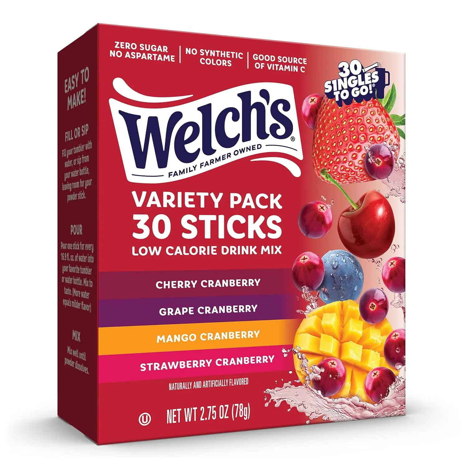 Singles To Go! Welch's Water Drink Mix, Cranberry Variety Pack, 30 Packets | No Synthetic Colors, Sugar Free, Aspartame Free, 5 Calories, Water Flavor Packets, Just Add Water