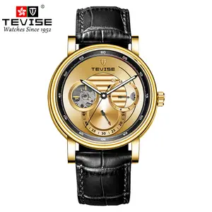 TEVISE Automatic Watch with Leather Band Luminous Hands Skeleton Dial for Business Casual Style